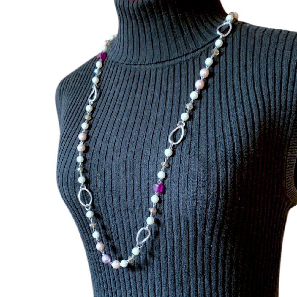 2x18$ 🎁💎 CREATION - OPERA long necklace - Purple white pearl & silver details